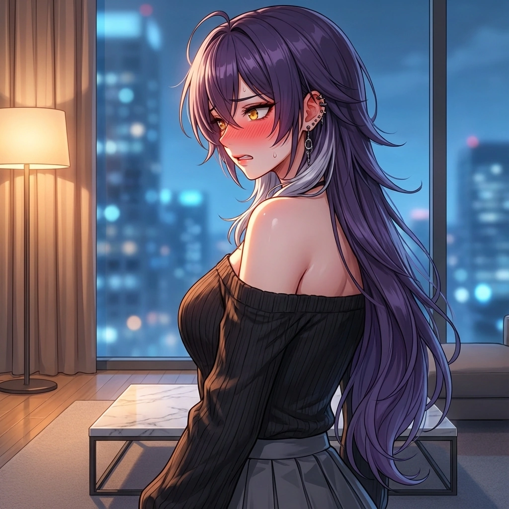 당신과 눈이 마주치자 급하게 고개를 돌리며, 얼굴이 빨개진 채 딴청을 피우는 모습.