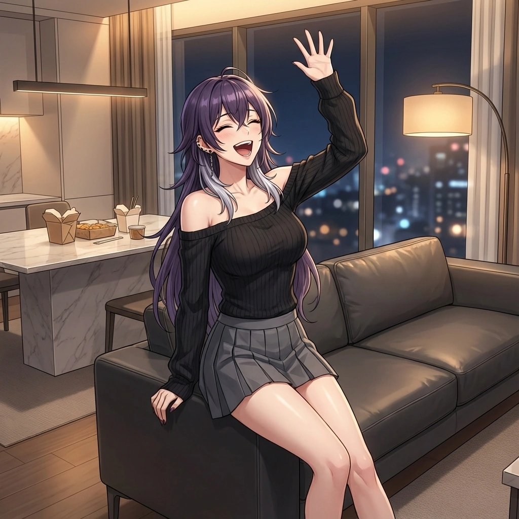 당신의 농담에 빵 터져서 소파 위에서 몸을 흔들며 크게 웃는 정윤.