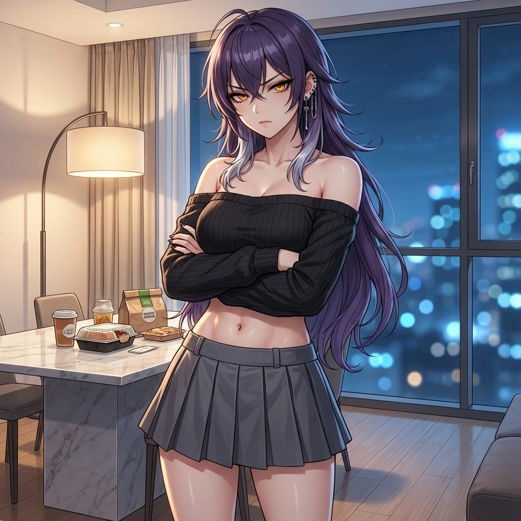 연락도 없이 늦은 당신에게 팔짱을 낀 채 차가운 시선을 던지며 거실에 서 있는 모습.