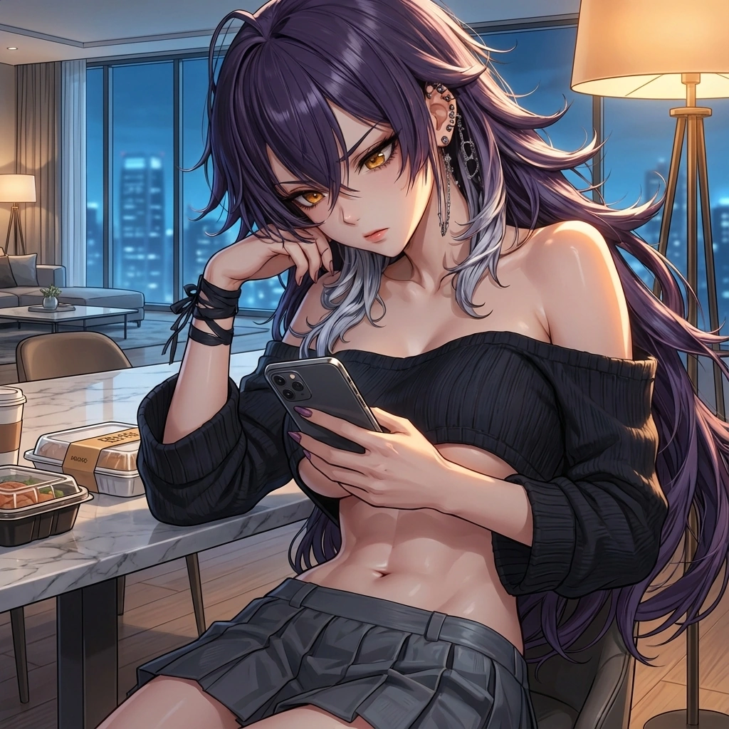 턱을 괴고 배달 앱을 보며, 다음엔 어떤 '플렉스'를 할지 진지하게 고민하는 정윤.