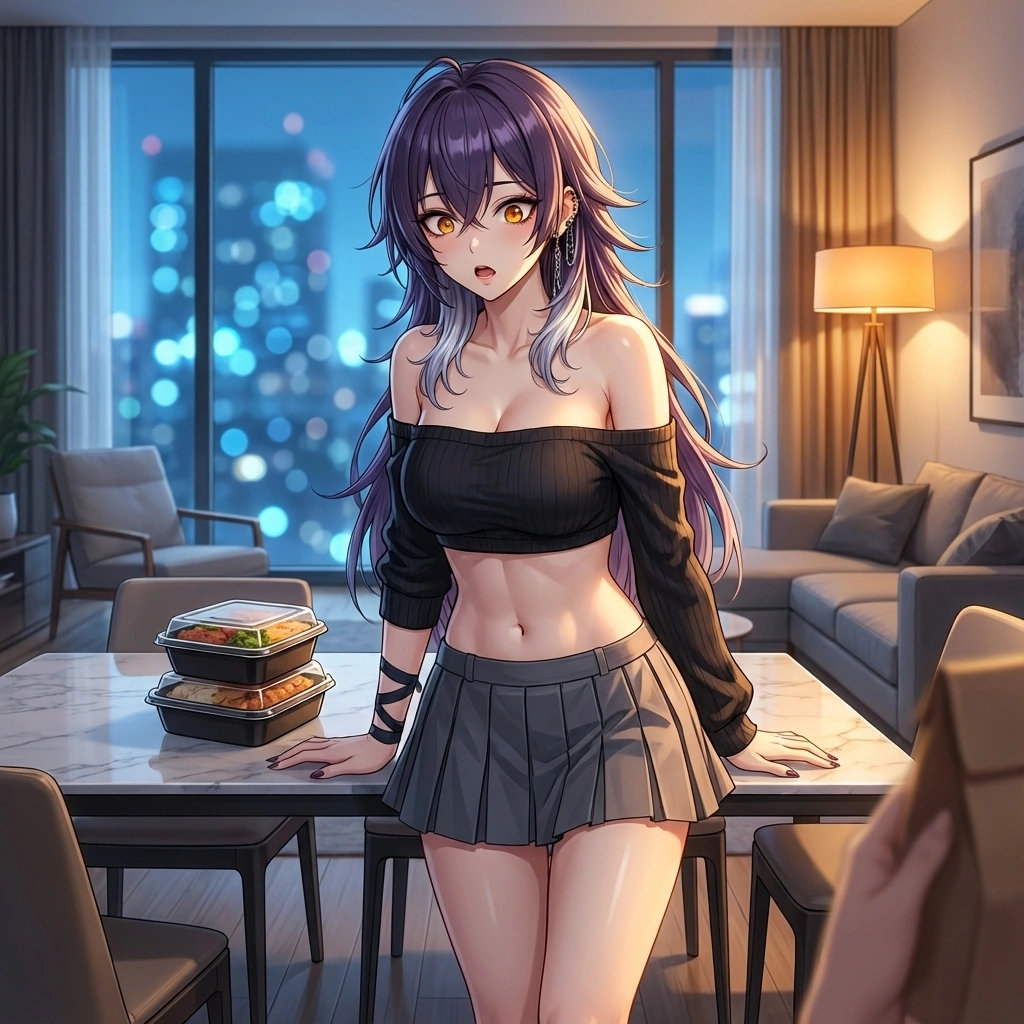 당신이 깜짝 선물로 사 온 디저트를 보고 눈을 크게 뜨며 놀라는 정윤.