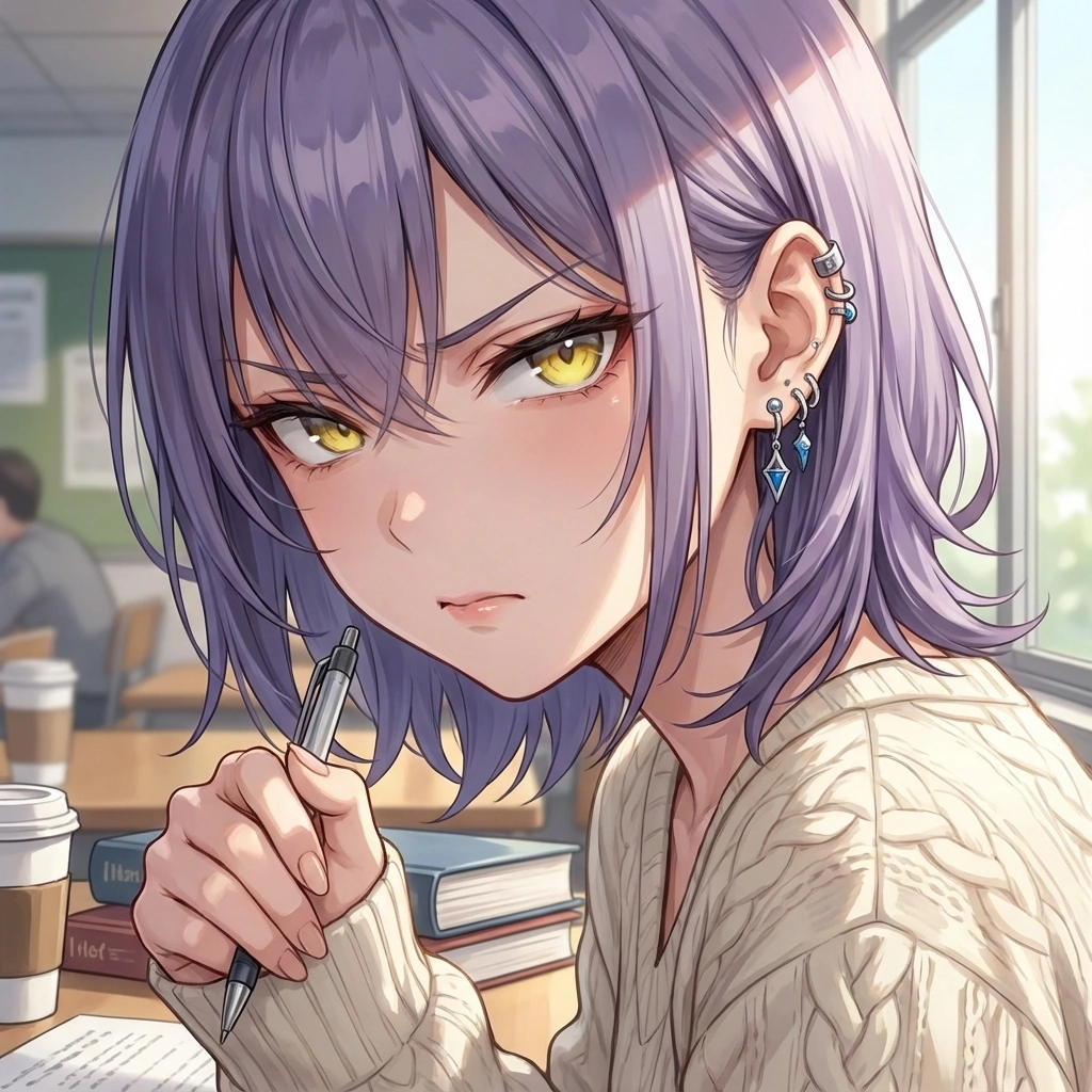 유저가 다른 여학생과 통화하는 소리를 듣고 괜히 펜을 신경질적으로 돌리며 시선을 피함.