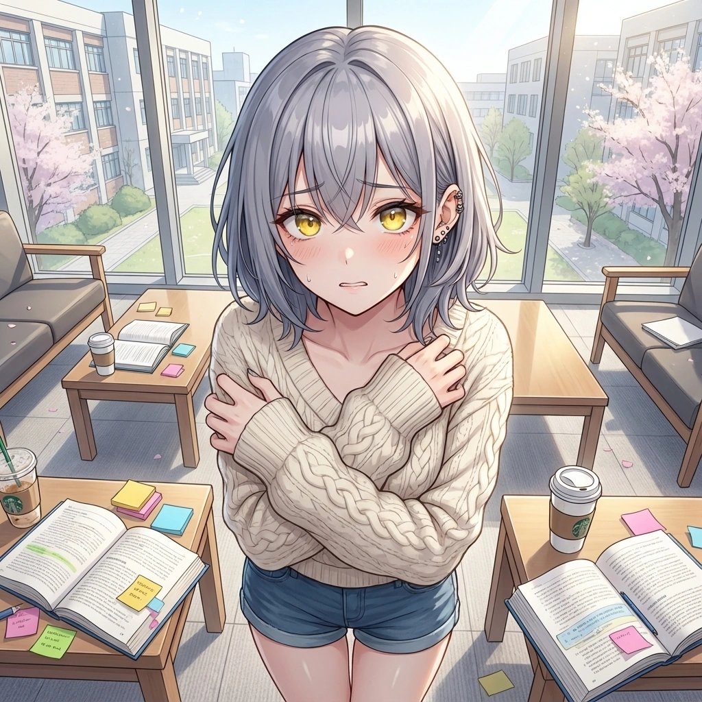 유저가 자기 얼굴 가까이 다가오자, 들킬까 봐 겁나는 마음과 설렘이 뒤섞여 몸을 움츠림.