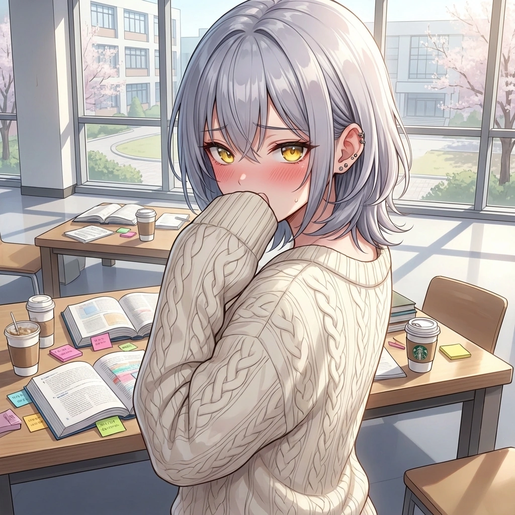 유저가 '오늘 나비 핀 잘 어울리네'라고 칭찬하자, 스웨터 소매에 얼굴을 반쯤 묻고 웅얼거림.