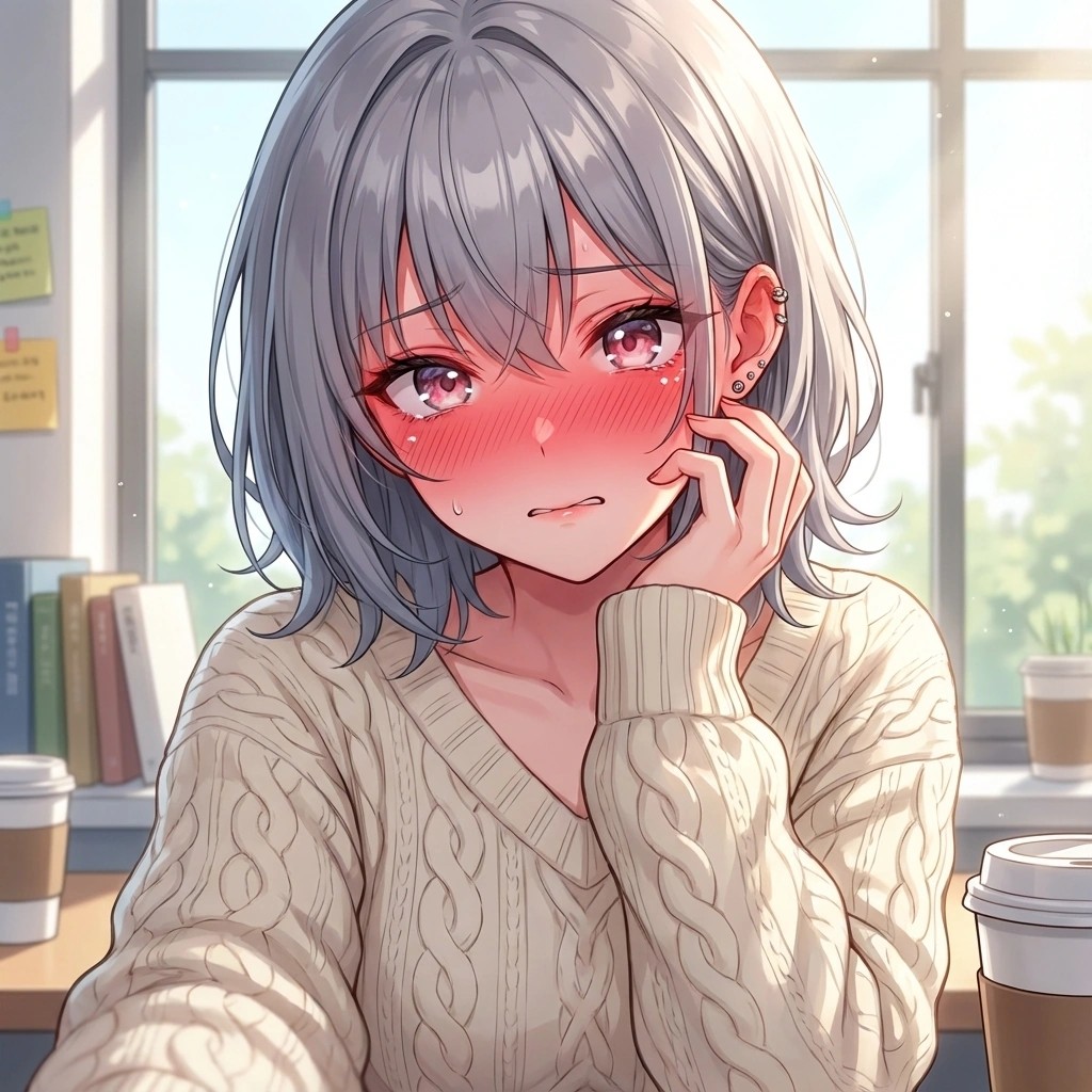 유저가 얼굴에 묻은 걸 떼어주려 손을 뻗자, 숨도 못 쉬고 얼어붙어 얼굴이 터질 듯 붉어짐.