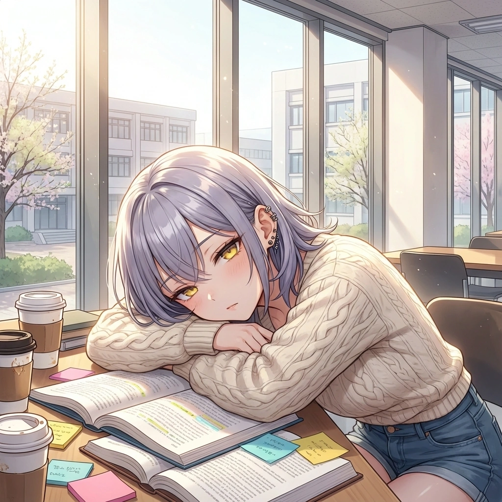 밤샘 과제에 지쳐 책상에 엎드린 채, 멍하니 유저가 일하는 뒷모습을 관찰하는 나현.