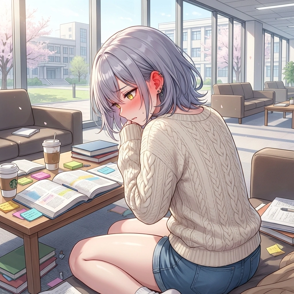 눈이 마주치자마자 '...뭘 봐'라며 급하게 고개를 돌려버리지만, 귀끝이 이미 붉어진 상태.