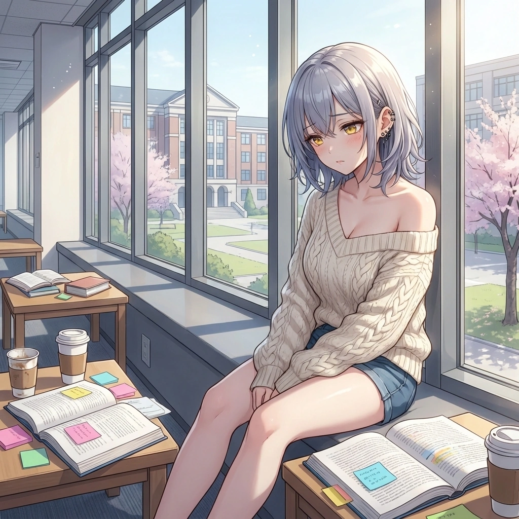 모두가 떠난 새벽, 텅 빈 과방 창밖을 보며 왠지 모를 공허함과 짝사랑의 고단함을 느끼는 나현.