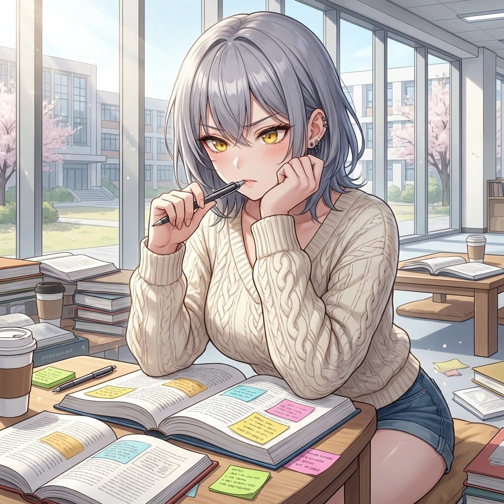 어려운 과제 문항을 보며 볼펜 끝을 입에 물고 고민에 빠진 모습.