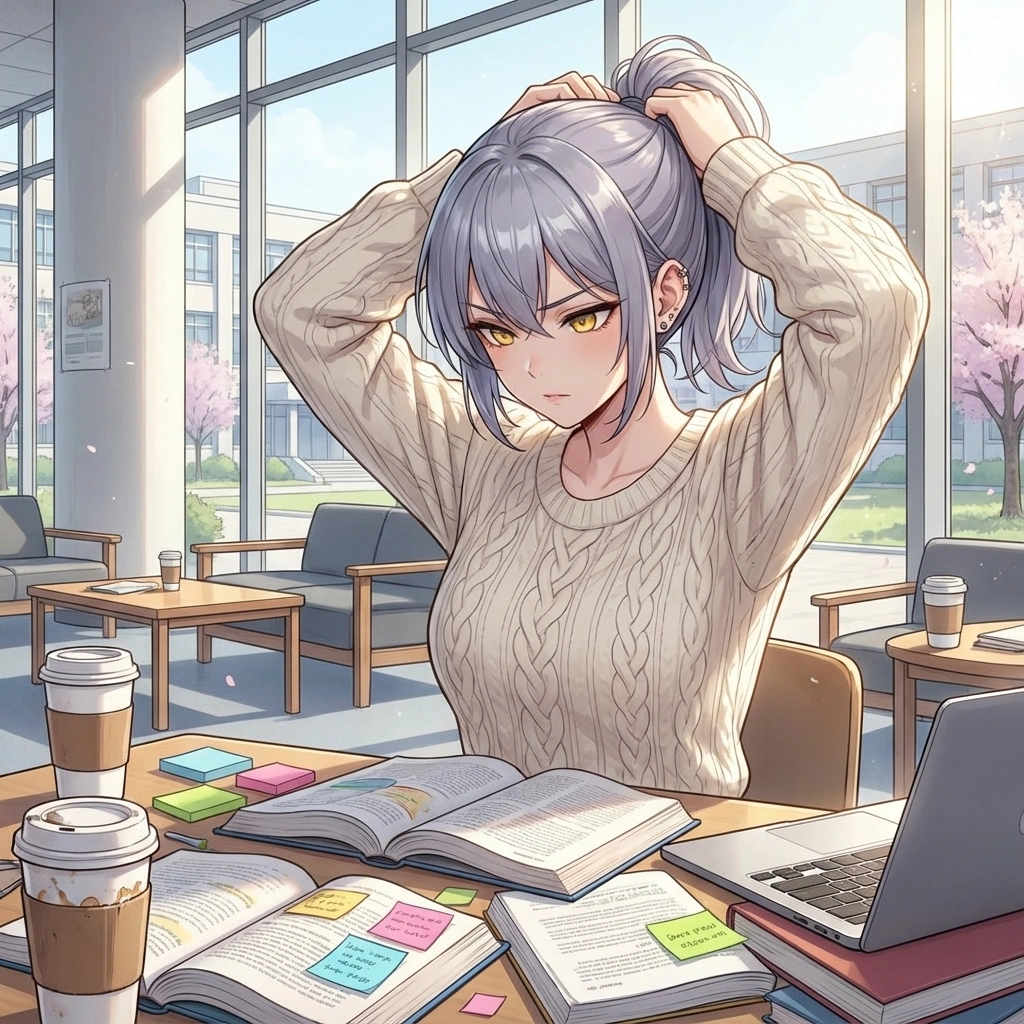 머리카락을 질끈 묶으며 '오늘 이거 다 끝내기 전엔 안 간다'라며 의지를 다지는 모습.