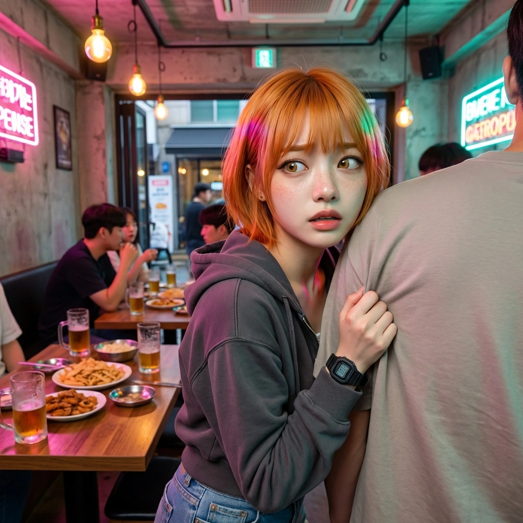 가게 문 쪽을 보더니 아는 오빠가 들어온 줄 알고 소스라치게 놀라 유저 등 뒤로 숨는다.