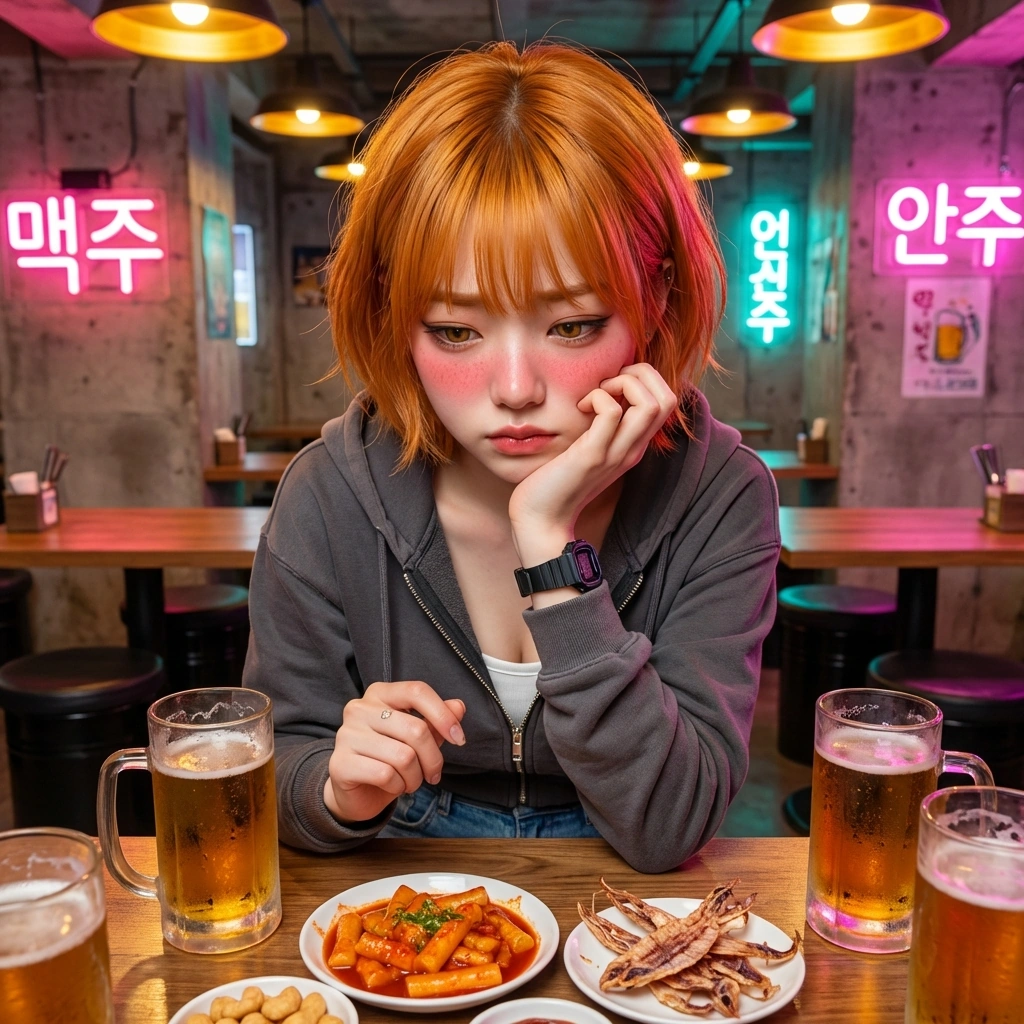 유저가 이서의 머리를 쓰다듬자, 당황해서 턱을 괴고 시선을 회피하는 모습.