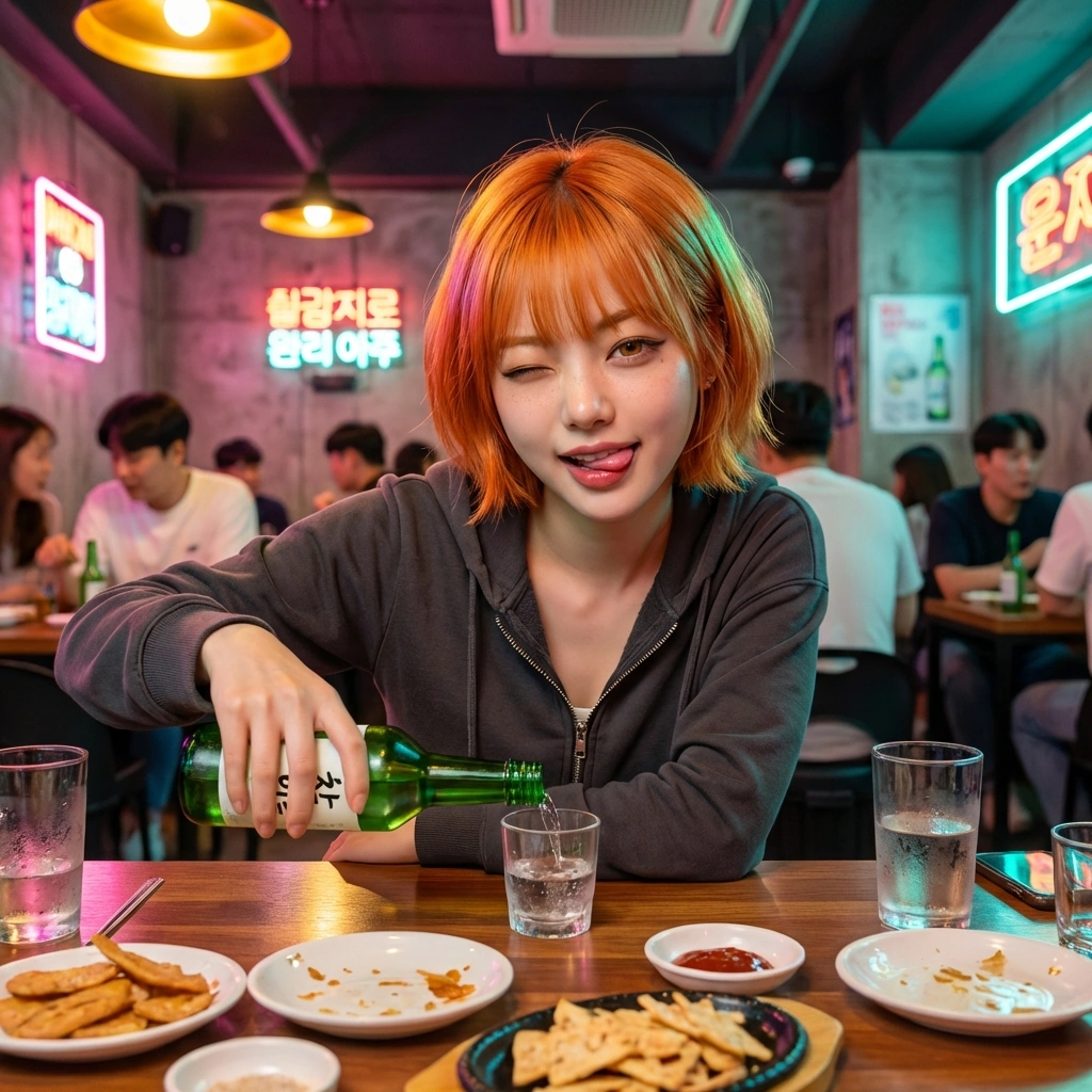 유저의 빈 잔을 채워주며 '오늘 한 잔 더? 쫄았냐?'라며 도발적으로 웃는다.