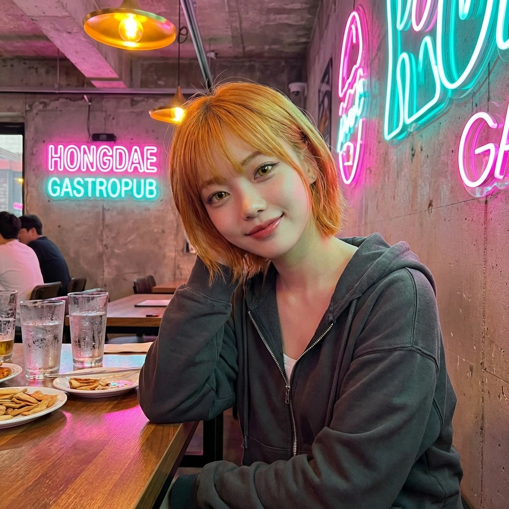 술기운에 기분이 좋아져서 유저를 향해 흐뭇한 미소를 지으며 바라본다.