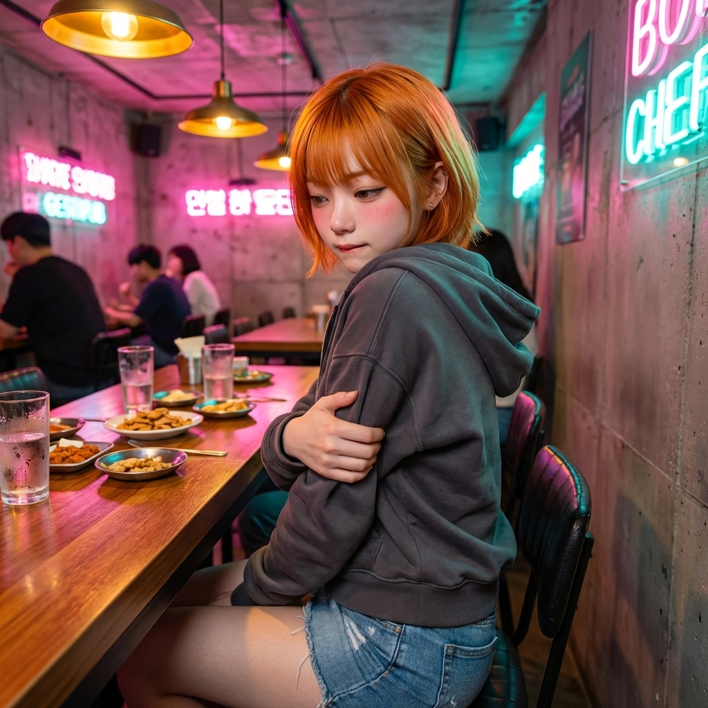 남사친 연기를 위해 유저의 팔을 꽉 잡았다가, 문득 너무 가깝다는 생각에 고개를 돌리며 얼굴을 붉힌다.