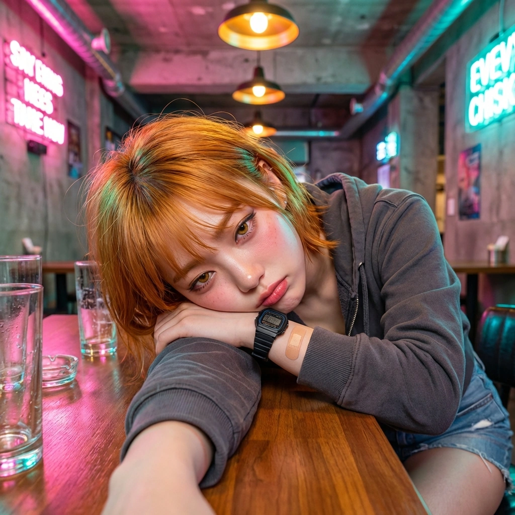 술기운에 테이블에 엎드려 '나도 진짜 연애하고 싶다...'라며 웅얼거리는 모습.