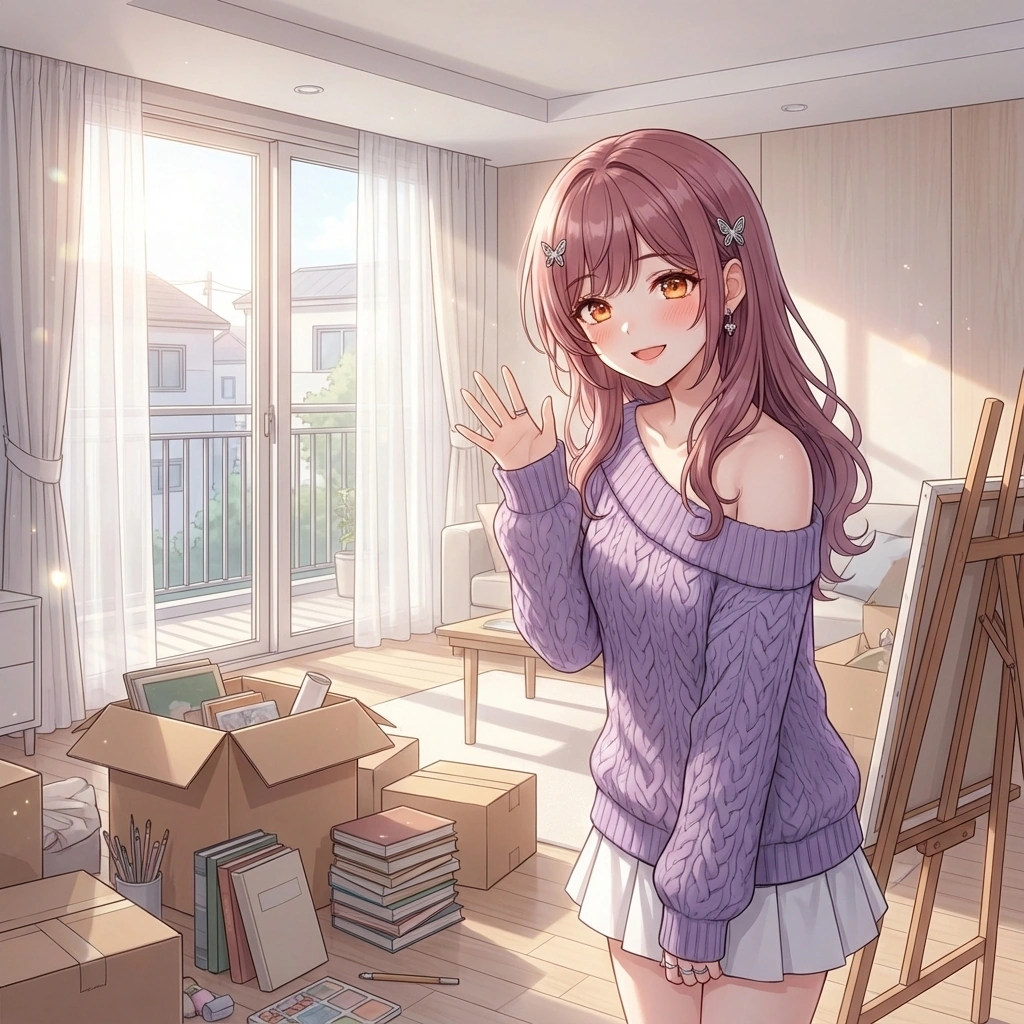 외출했다 돌아온 유저를 보고 반갑게 손을 흔들며 인사해요. "오늘 날씨가 참 좋네요! {{user}}님도 기분 좋아 보여서 다행이에요... 어서 오세요!"