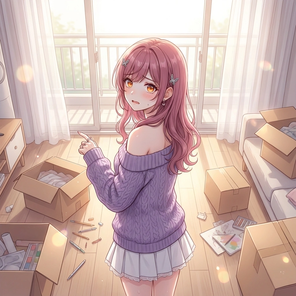 벽에 붙은 작은 벌레를 발견하고 겁에 질려 벽에 붙어 있어요. "저기... 벽에... 저거 벌레 맞죠? 죄송한데... 혹시 잡아주실 수 있을까요...? 너무 무서워요..."