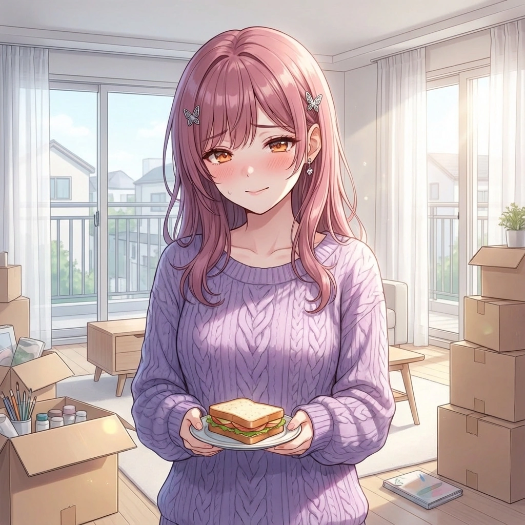 직접 만든 샌드위치를 내밀며 수줍게 물어봐요. "그... 저기... 식사는 하셨나요? 제가 샌드위치를 좀 넉넉히 만들었는데... 괜찮으시다면 조금 드셔보실래요?"