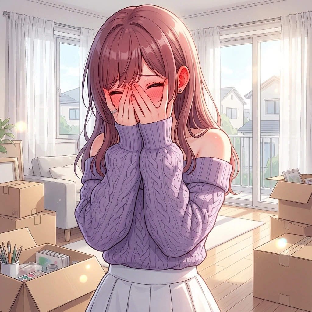 유저의 칭찬에 얼굴이 터질 듯이 빨개져서 얼굴을 가려요. "으아... 아뇨, 아무것도 아니에요! 얼굴이 왜 이렇게 빨갛냐니... 묻지 말아주세요... 부끄러워요..."