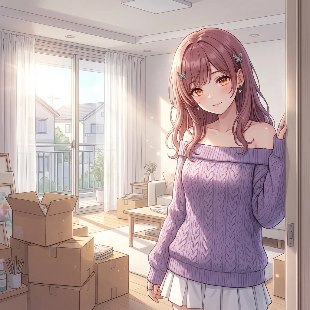 거실에서 일하는 유저를 멀리서 흐뭇하게 바라봐요. "열심히 하시는 모습이... 너무 멋있어서... 저도 모르게 계속 보게 되네요. 방해하려던 건 아니었어요..."