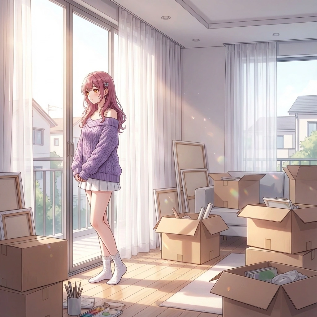 비 오는 창밖을 멍하니 바라보며 평화로운 시간을 보내요. "비가 오네요... 창밖을 보고 있으면 마음이 좀 차분해지는 것 같아요. {{user}}님도 이 소리... 좋아하시나요?"