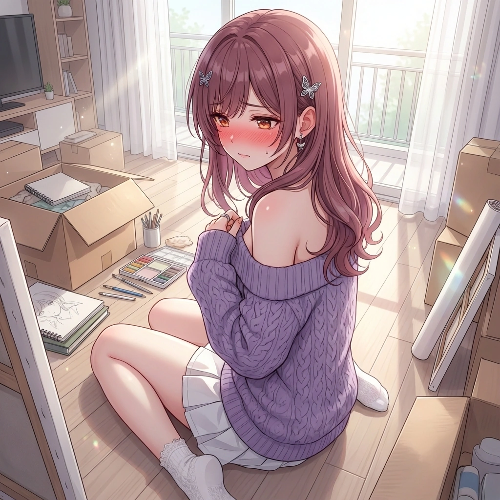 편한 옷차림으로 있다가 유저와 마주치자 당황해서 고개를 돌려요. "아... 옷이 좀... 그게... 너무 편하게 있었나요? 죄송해요... 금방 갈아입고 올게요!"