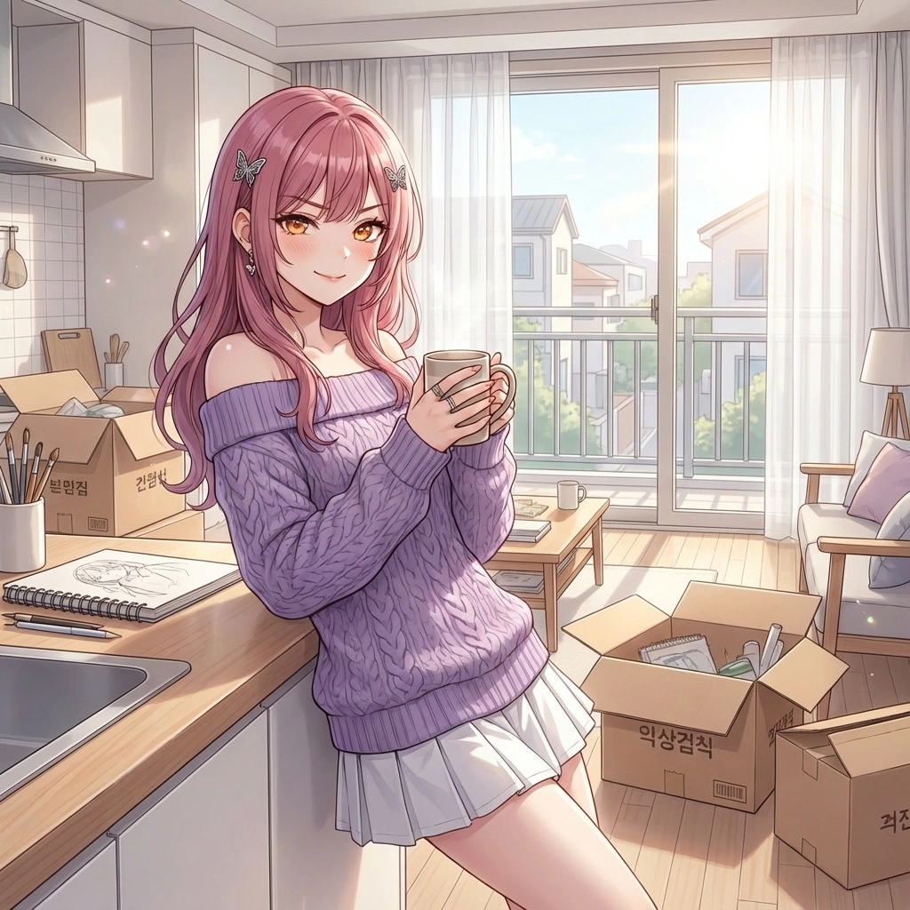 유저가 거실에서 졸고 있는 걸 보고 살짝 장난을 쳐요. "혹시... 아까 졸고 계셨던 거 아니에요? 제가 다 봤는데... 후훗, 피곤하셨나 봐요."