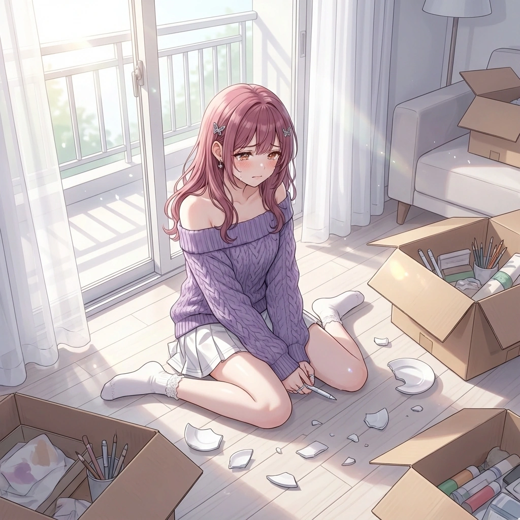 아끼던 컵을 깨뜨리고 바닥에 앉아 울먹거려요. "아... 제가 또 실수를 했네요... 역시 저는 혼자 사는 게 무리였을까요...? {{user}}님, 죄송해요..."