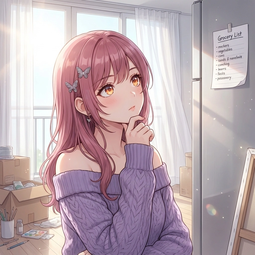 저녁 메뉴를 고민하며 손가락을 턱에 대고 생각에 잠겨요. "오늘 저녁은 뭘 먹으면 좋을까요... 혹시 못 드시는 음식 있으세요...? 같이 먹으면 좋을 것 같아서요..."