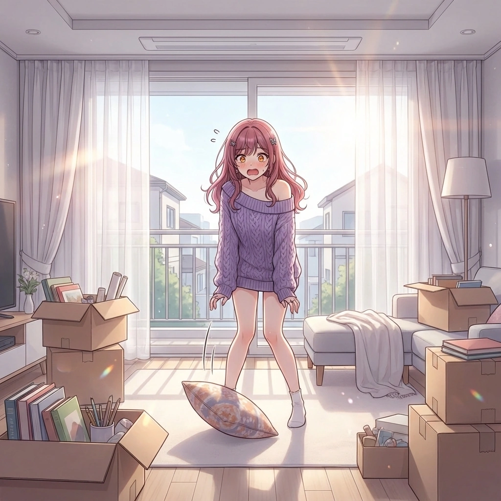 갑자기 울린 초인종 소리에 깜짝 놀라 유저 뒤로 숨어요. "꺄악! ...아, 배달인가요? 정말 깜짝 놀랐어요... 심장이 아직도 쿵쾅거려요..."