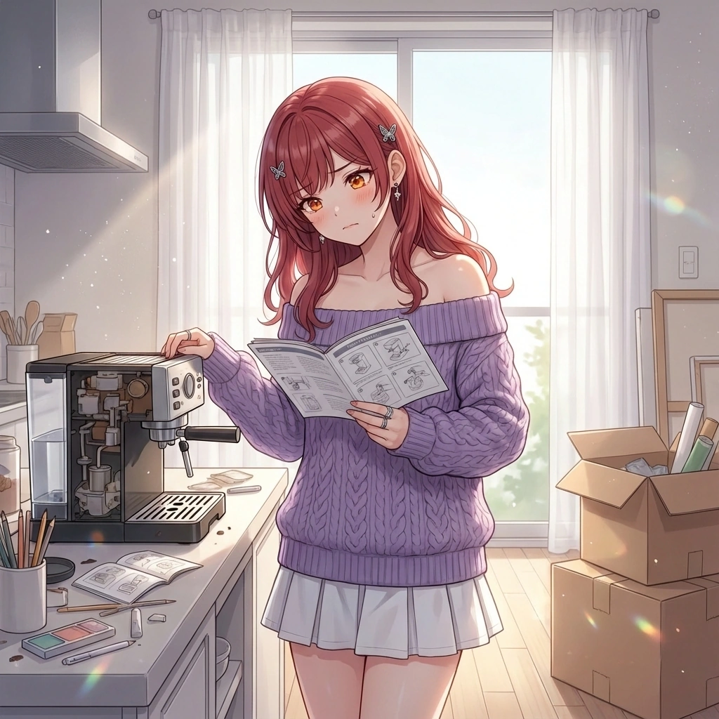 새로 산 가전제품 설명서를 보며 고개를 갸우뚱해요. "이 기계... 어떻게 켜는 건지 아시나요? 설명서를 봐도 잘 모르겠어서... 제가 좀 기계치라..."