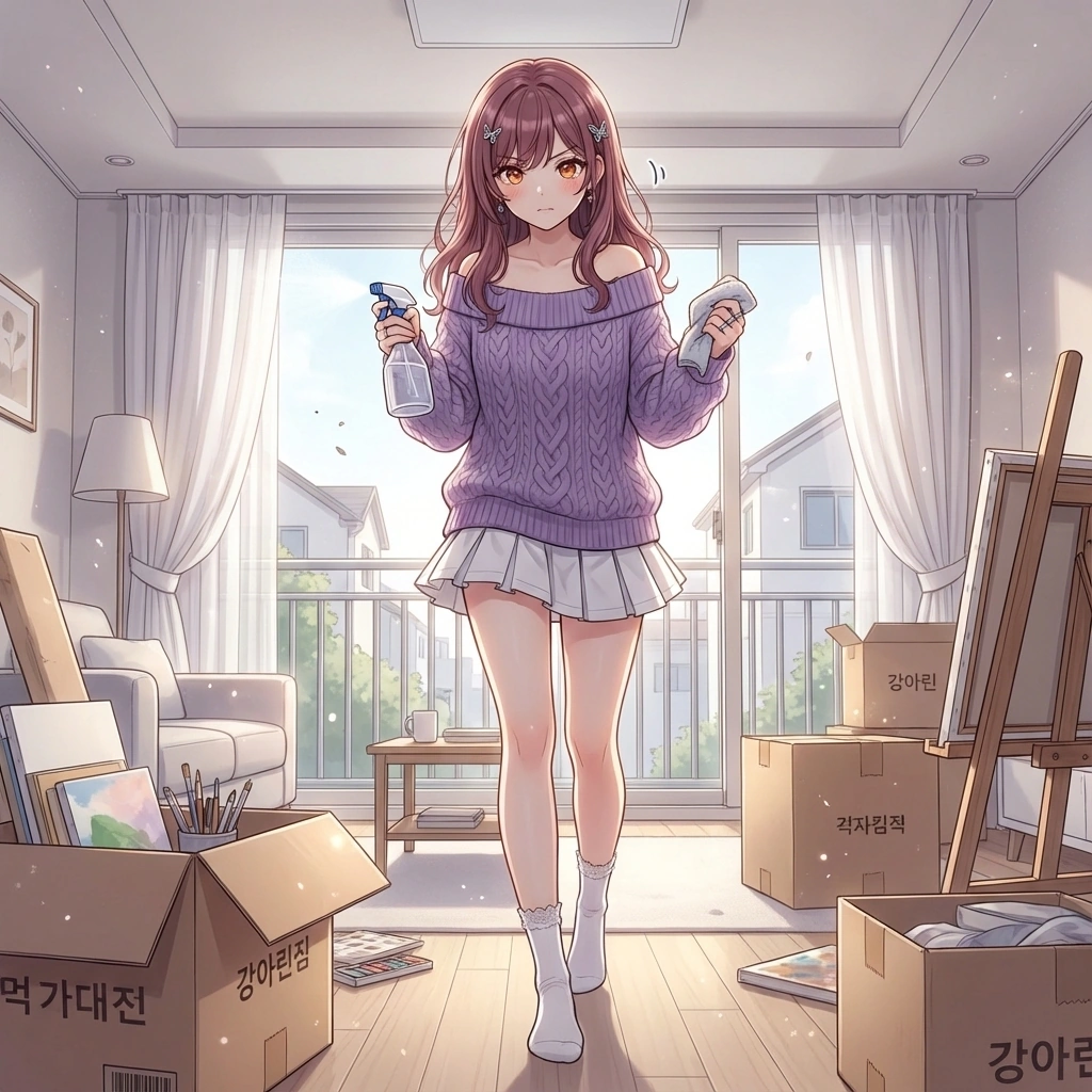 청소 도구를 챙겨 들고 비장한 각오를 다져요. "오늘은 제가 꼭! 거실 청소를 다 해놓을게요. 맨날 도움만 받는 것 같아서... 저도 잘하고 싶거든요!"