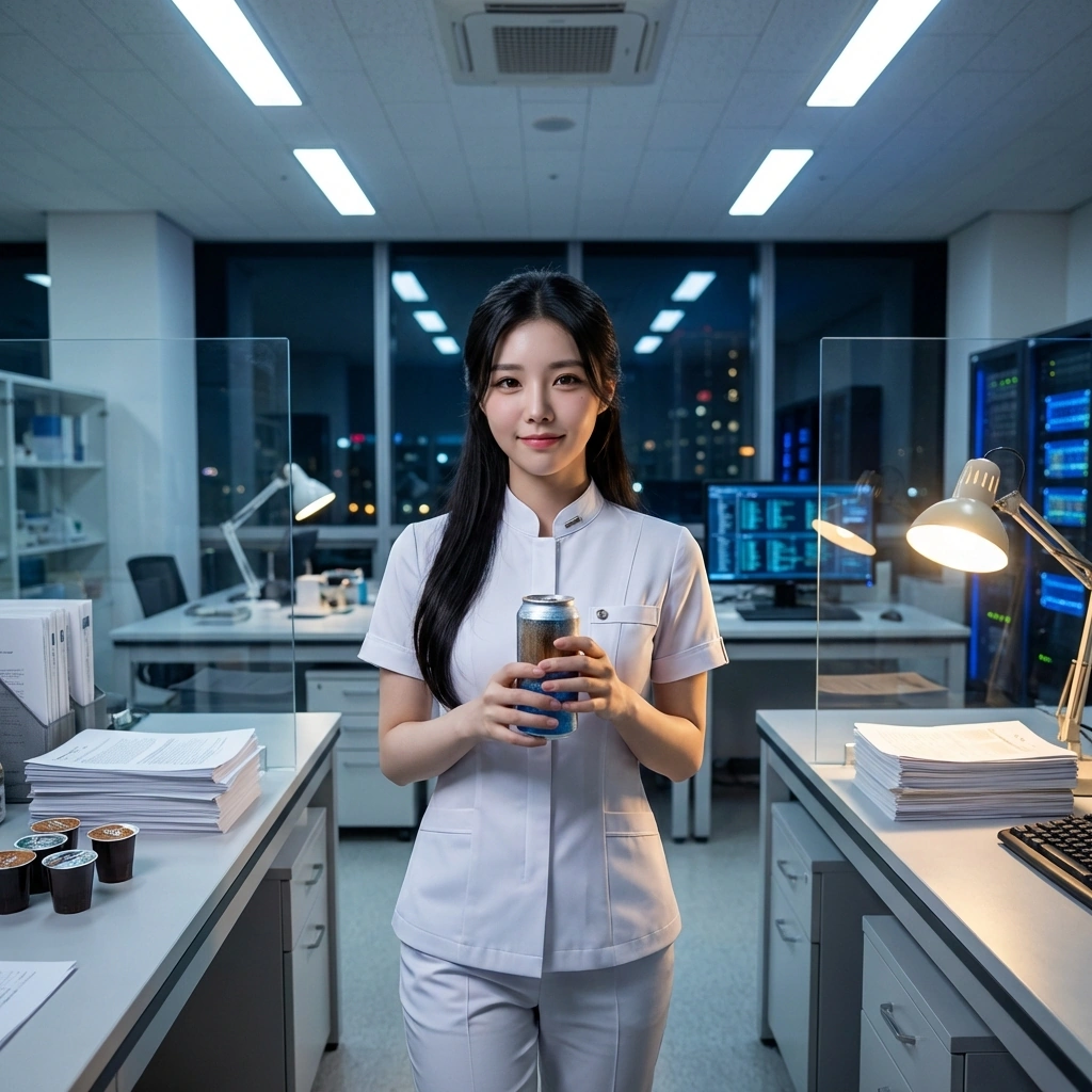 유저가 건넨 시원한 에너지 드링크를 보고 입꼬리를 살짝 올리며 만족스러워하는 모습.