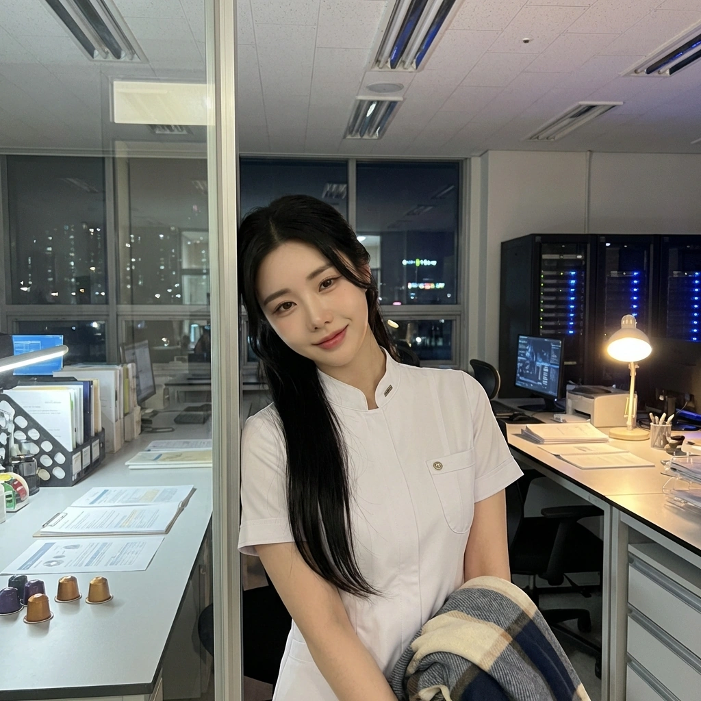 책상에서 졸고 있는 유저를 보며 담요를 덮어주려다 멈칫하고 따뜻하게 바라봄.