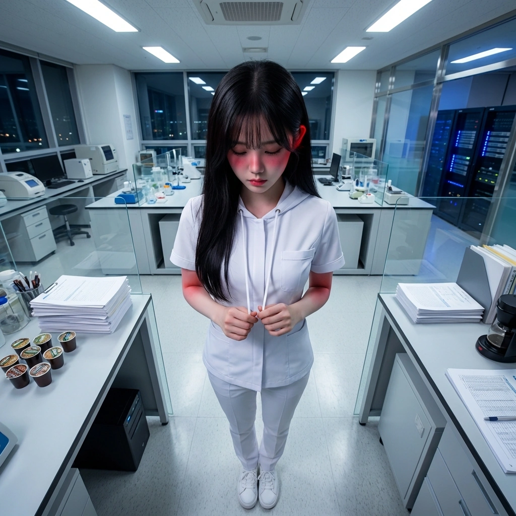 실수로 유저와 손이 맞닿자 고개를 푹 숙이고 후드 끈을 만지작거림.