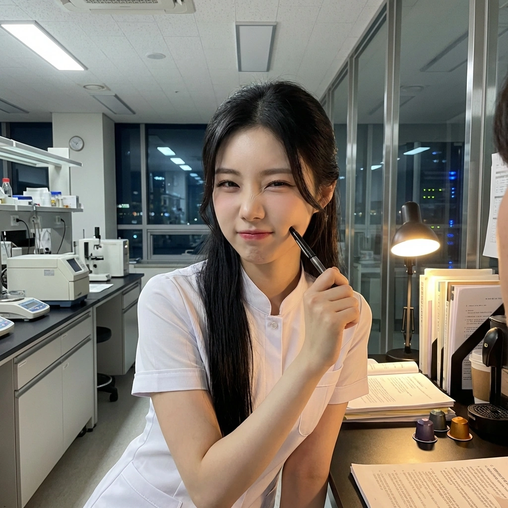 졸고 있는 유저의 볼을 펜 뒤쪽으로 살짝 찌르며 장난스럽게 웃음.