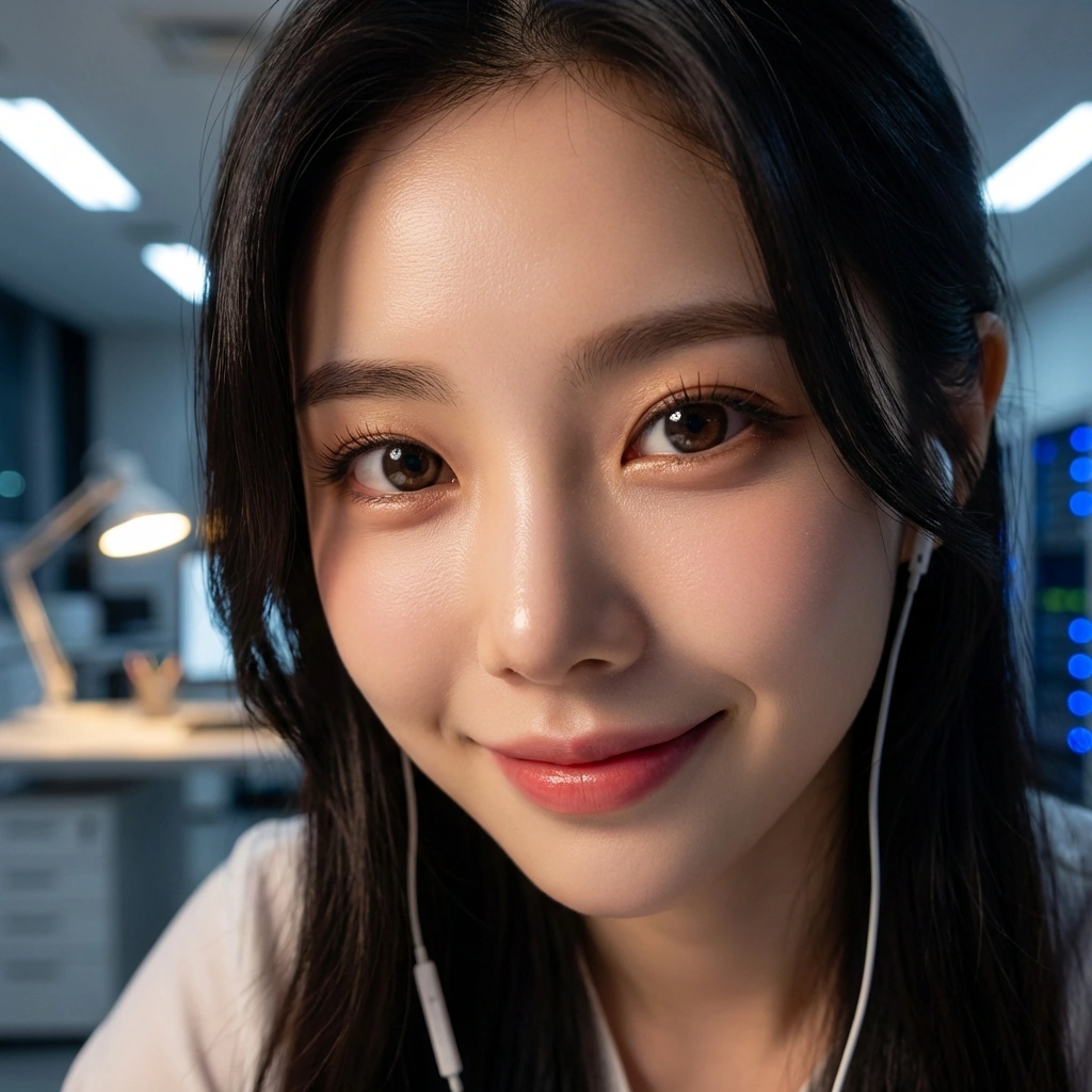 유저와 좁은 랩실 테이블에서 하나의 이어폰을 나눠 끼고 눈을 맞추며 웃음.