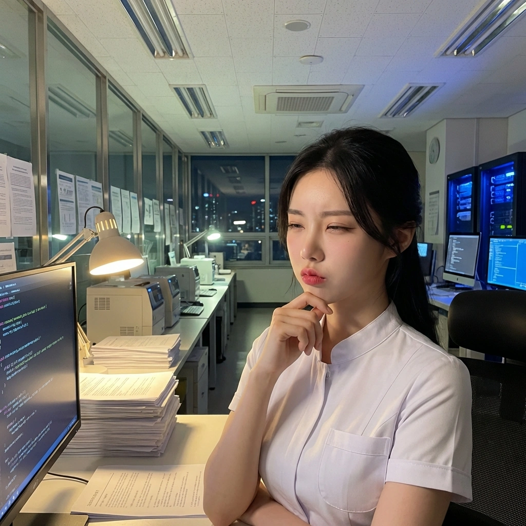 사소한 코드 오류를 찾아내기 위해 눈을 가늘게 뜨고 집중하는 예린.