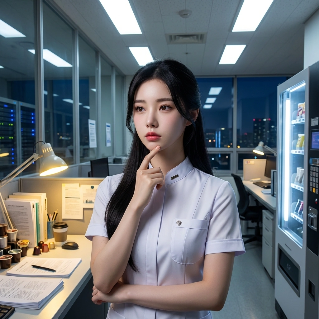 자판기 앞에서 어떤 커피를 마실지 진지하게 고민 중인 예린.