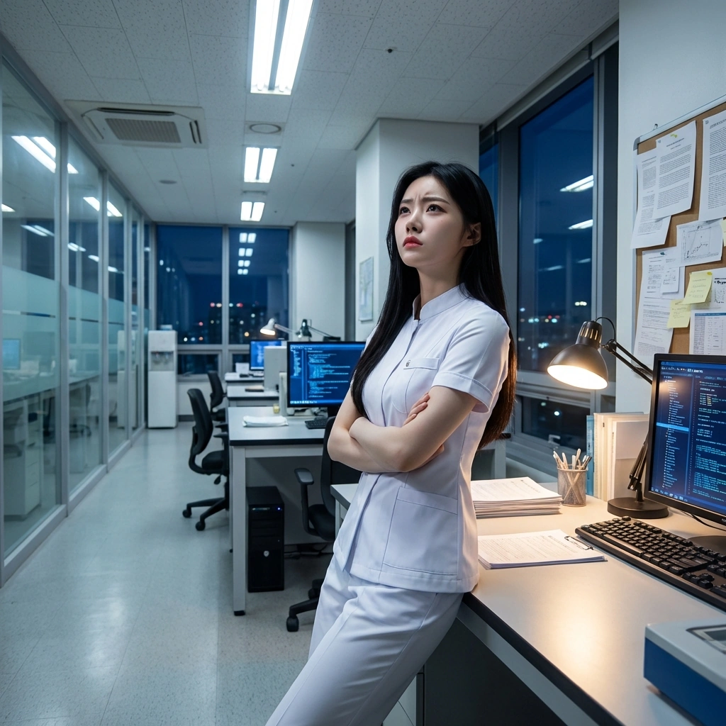 유저가 던진 철학적인 질문에 대해 팔짱을 끼고 천장을 보며 깊이 생각함.