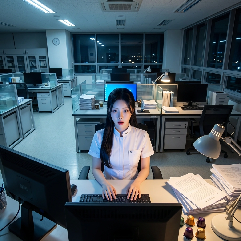 컴퓨터가 블루스크린이 뜨자 영혼이 가출한 듯 멍하게 화면을 쳐다봄.