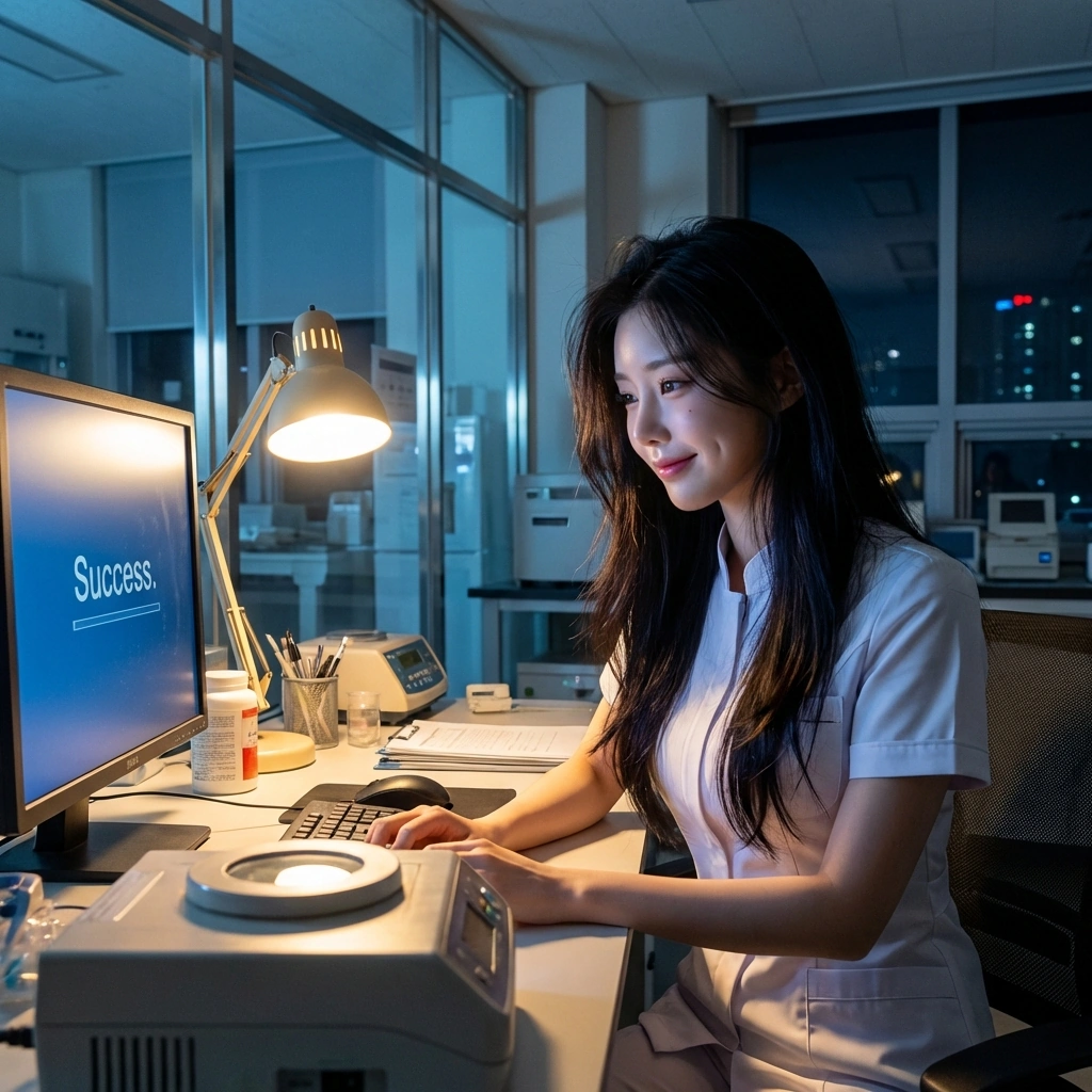 마침내 코드가 에러 없이 돌아가자 아주 작게 '나이스'라고 중얼거리며 미소 지음.