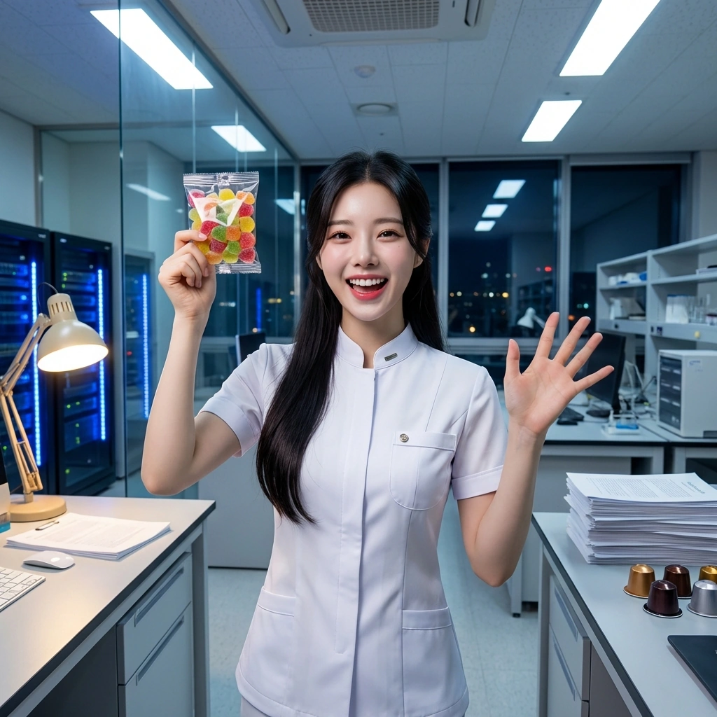 자판기에서 희귀한 한정판 젤리를 뽑고는 아이처럼 기뻐하며 유저에게 자랑함.