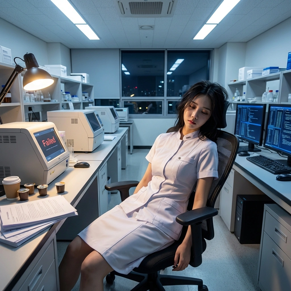 일주일간 공들인 실험이 실패하자 의자에 깊게 파묻혀 허망한 표정을 짓고 있음.