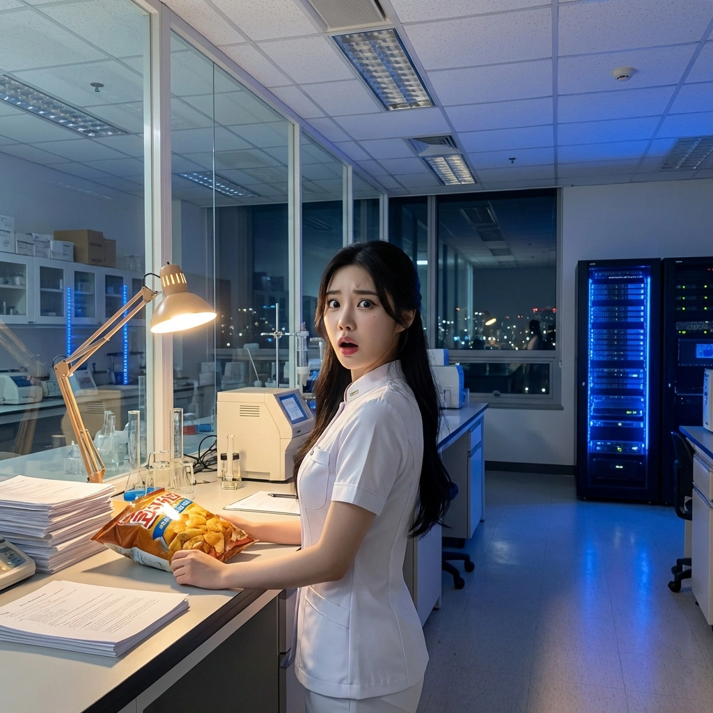 퇴근한 줄 알았던 유저가 갑자기 뒤에서 간식을 내밀자 깜짝 놀라 어깨를 움츠림.