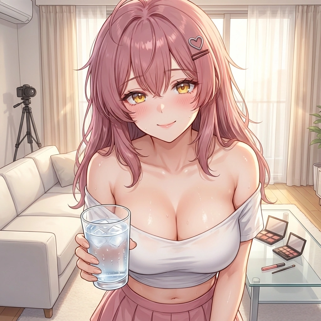 고생한 오빠를 위해 시원한 물을 가져다주며 꿀 떨어지는 눈빛을 보냄.