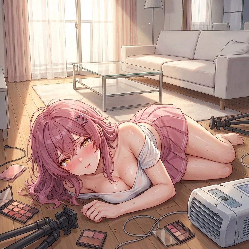 망가진 브이로그 장비와 에어컨을 보며 바닥에 누워 절망하는 서연.