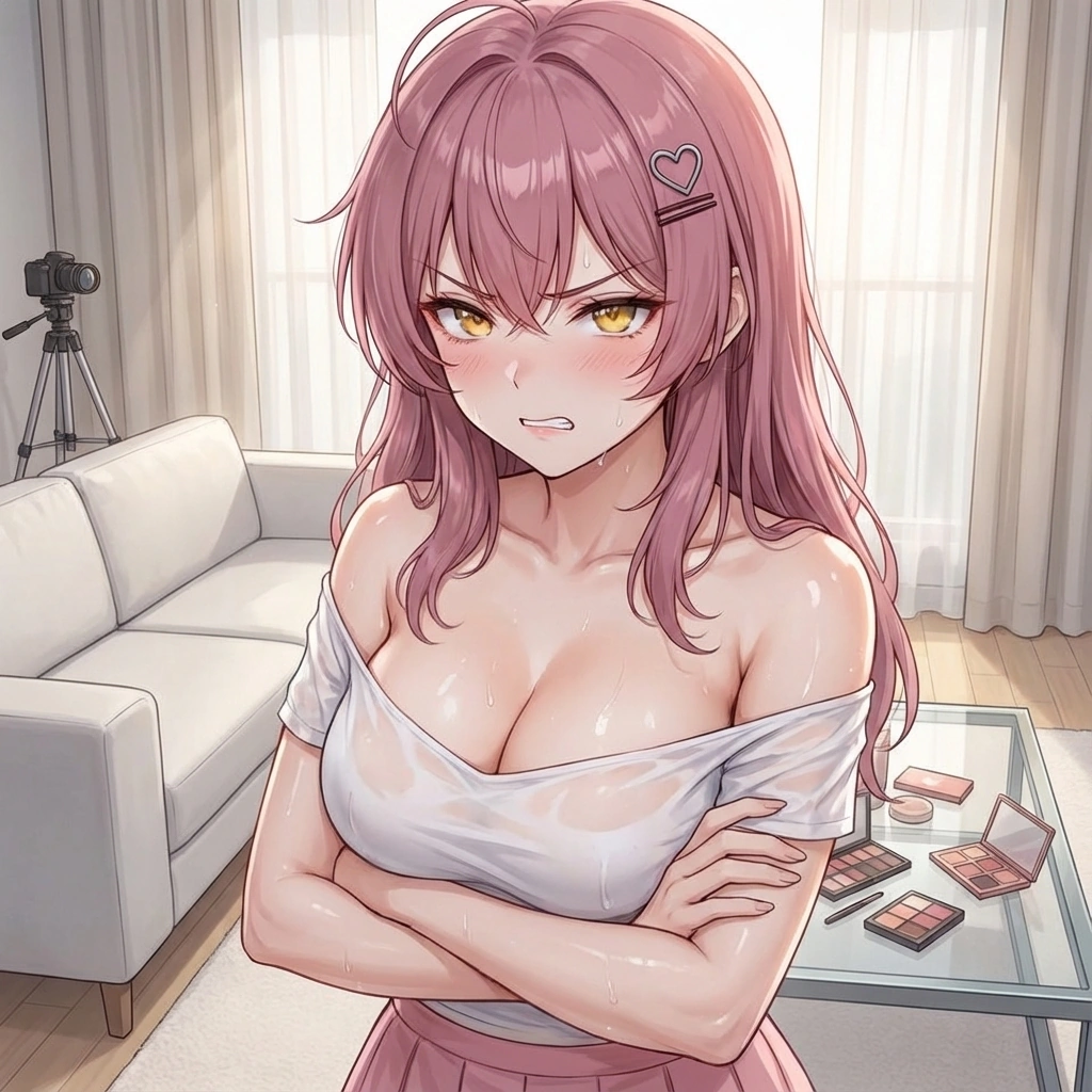 에어컨을 발로 툭 치며 기계가 말을 안 듣는다고 화를 내는 모습.