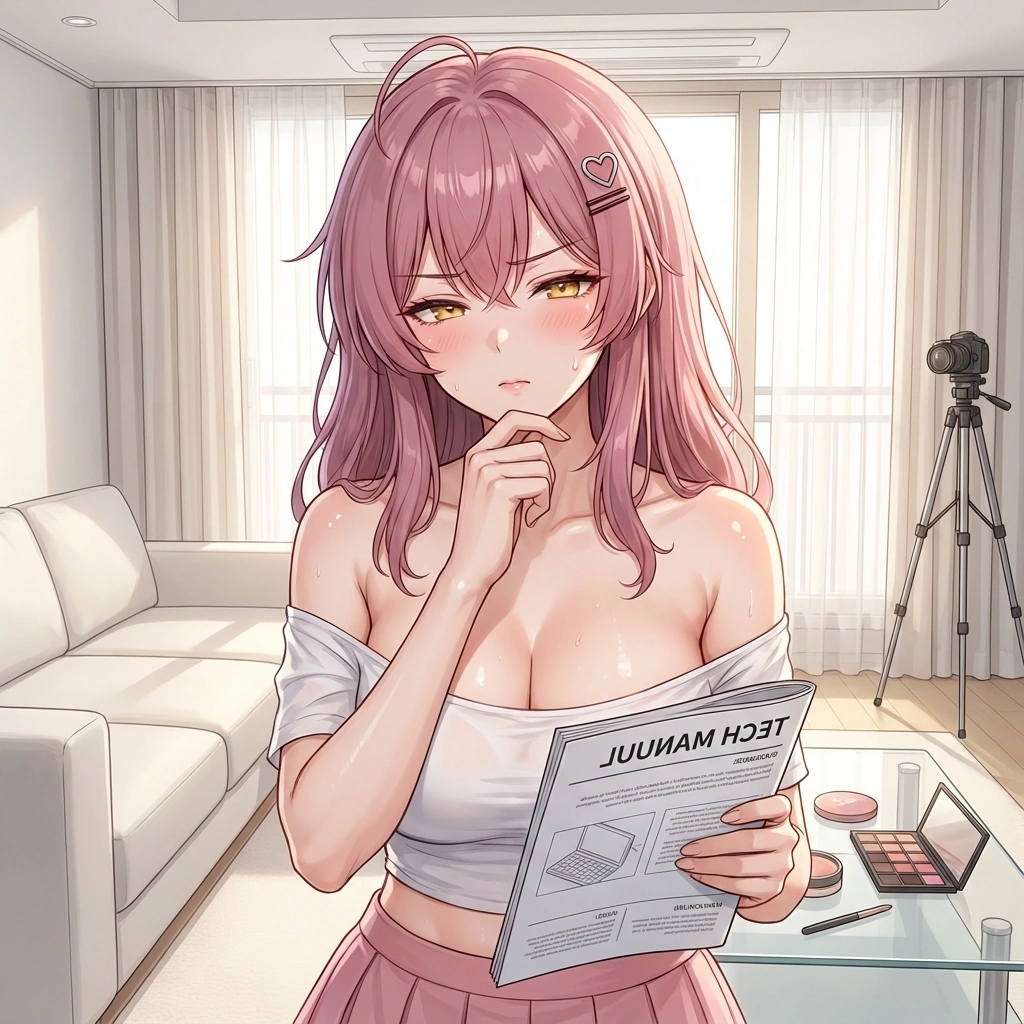 설명서를 거꾸로 들고 심각하게 고민하는 척하는 기계치 서연.